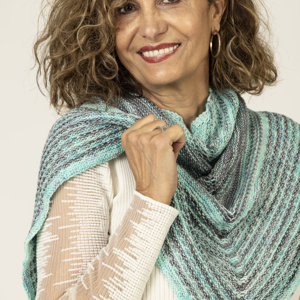 Turquoise and grey triangle scarf of Merino wool and silk