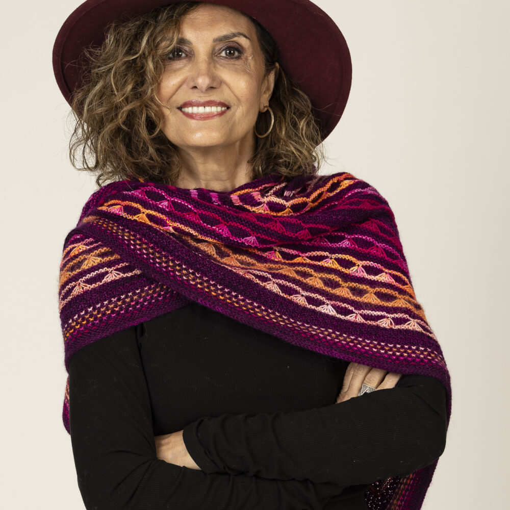 wool triange shawl of wine  and varigated pinks and orange