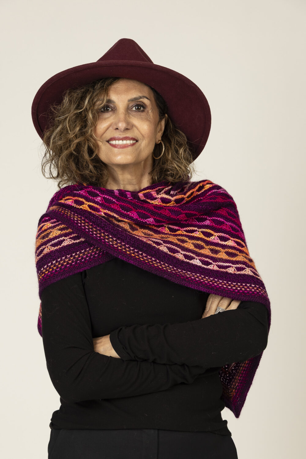 wool triange shawl of wine  and varigated pinks and orange