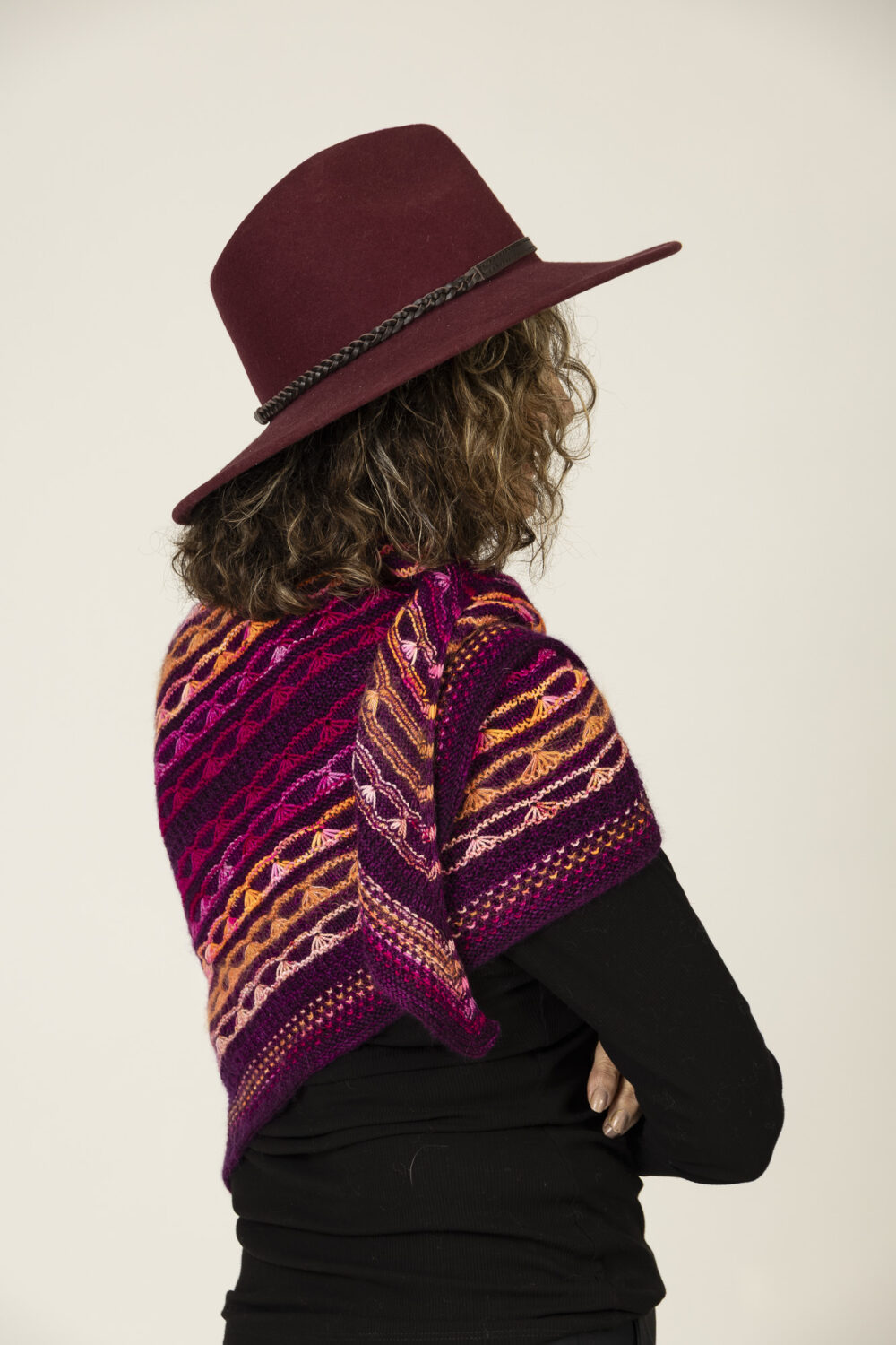 wool triange shawl of wine  and varigated pinks and orange - Image 2