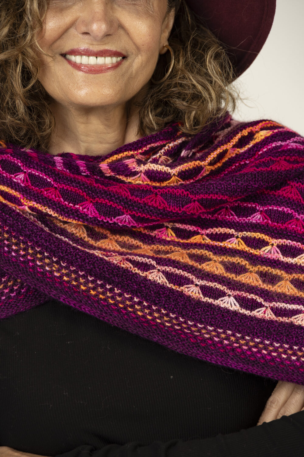 wool triange shawl of wine  and varigated pinks and orange - Image 3