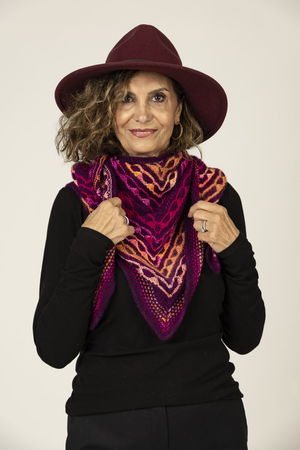 wool triange shawl of wine  and varigated pinks and orange - Image 4
